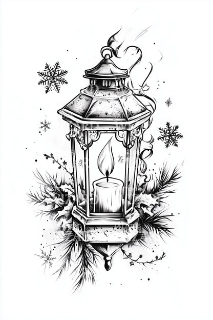 Christmas Lantern and Snowflakes Tattoo Design