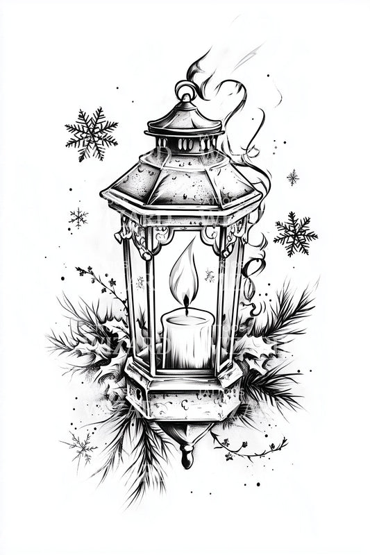 Christmas Lantern and Snowflakes Tattoo Design