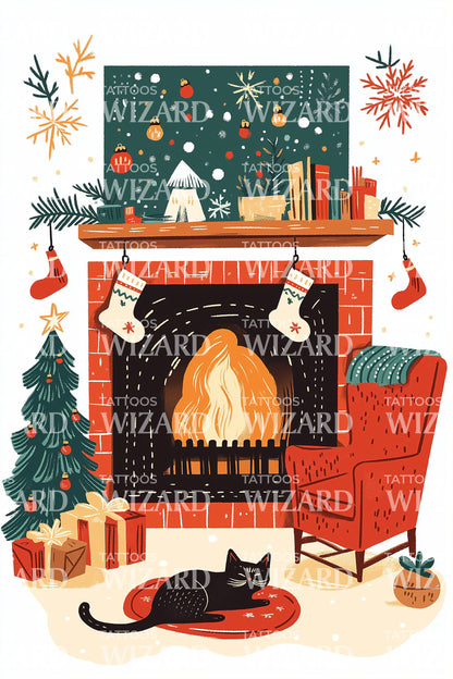 Christmas Living Room Fireplace Tattoo Illustration