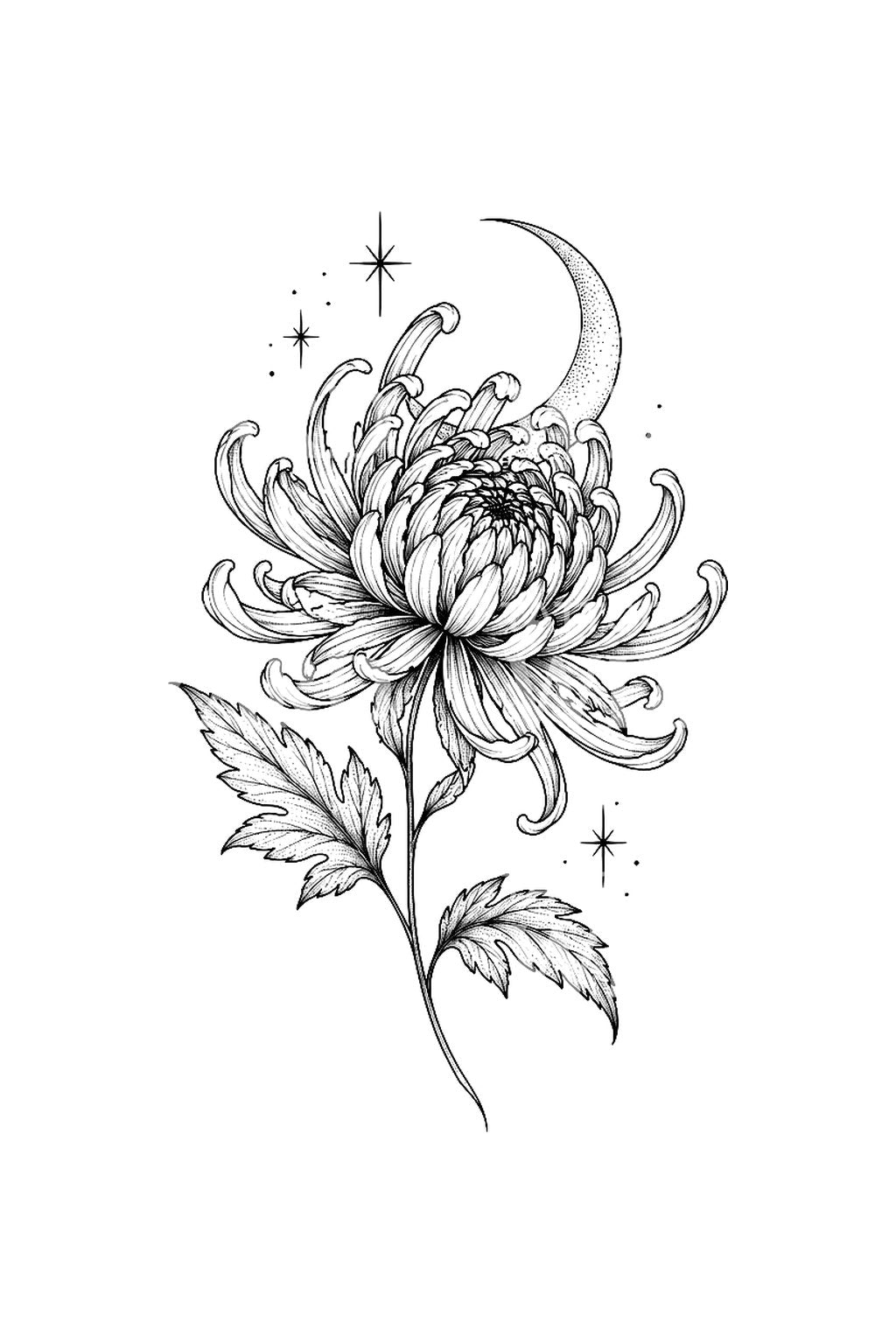 Chrysanthemum and Crescent Moon Fine Line Tattoo Idea
