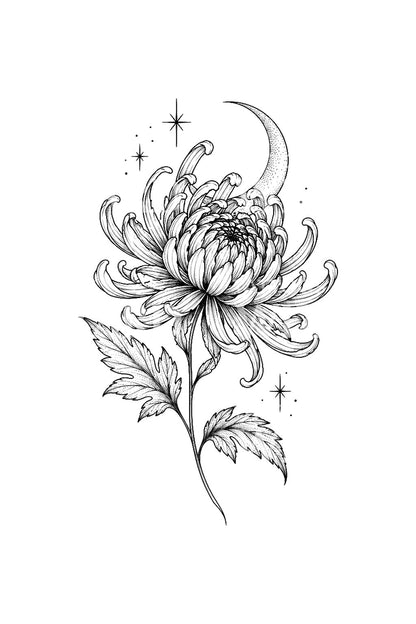 Chrysanthemum and Crescent Moon Fine Line Tattoo Idea