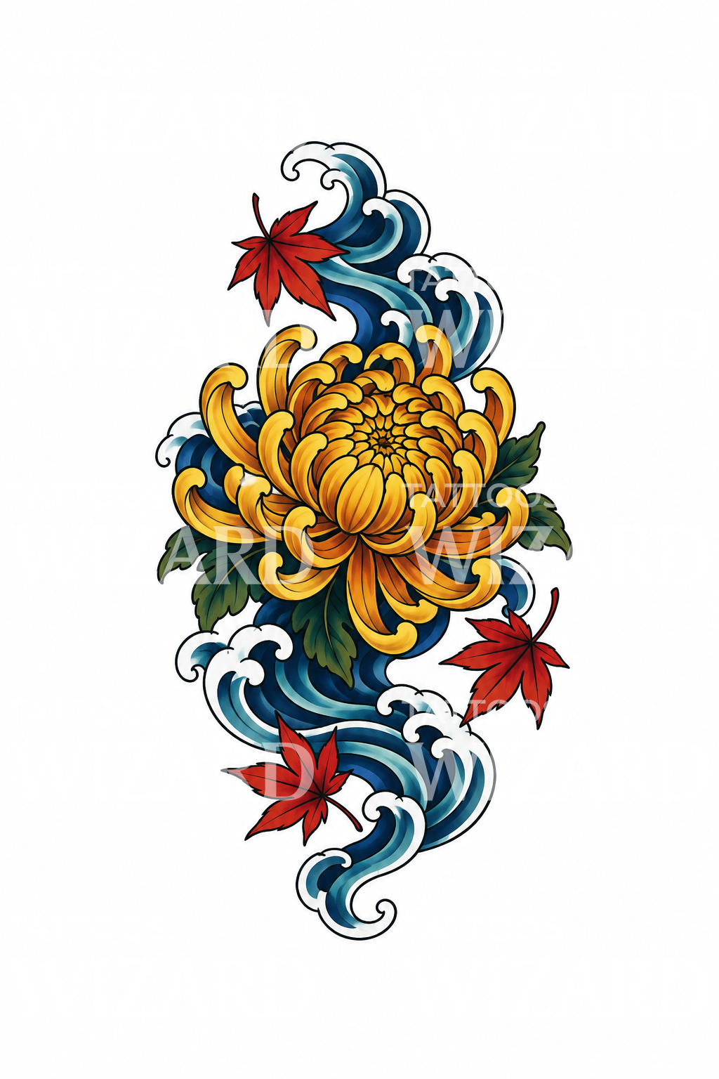 Chrysanthemum Carried by a Blue Current Tattoo Illustration