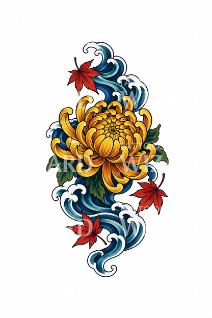 Chrysanthemum Carried by a Blue Current Tattoo Illustration