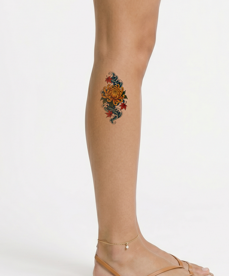 Chrysanthemum Carried by a Blue Current Tattoo Illustration
