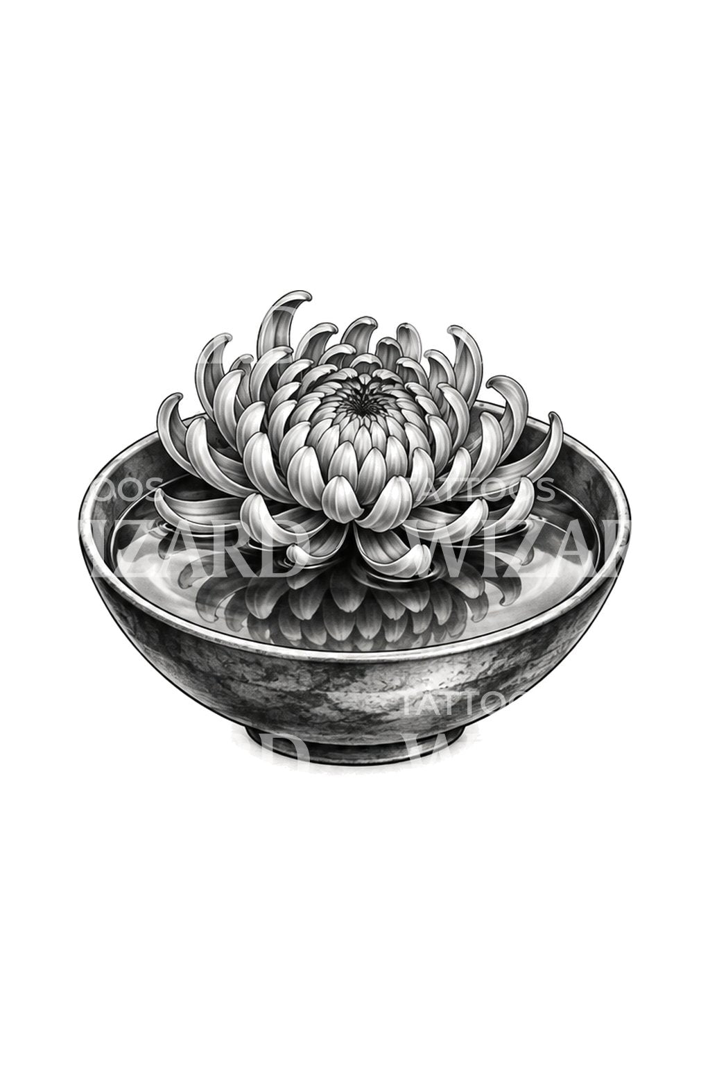 Desenho de tatuagem de crisântemo a flutuar numa taça de água