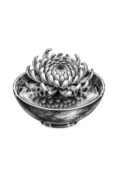 Desenho de tatuagem de crisântemo a flutuar numa taça de água