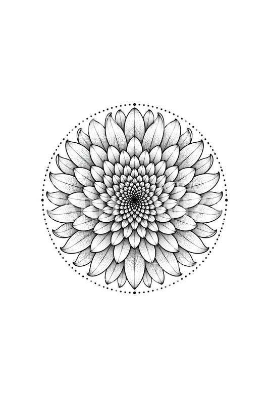 Chrysanthemen-Mandala als Dotwork-Tattoo