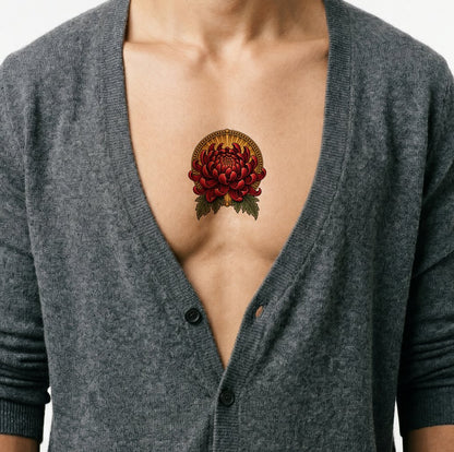 Crimson Chrysanthemum Gold Medallion Tattoo Design