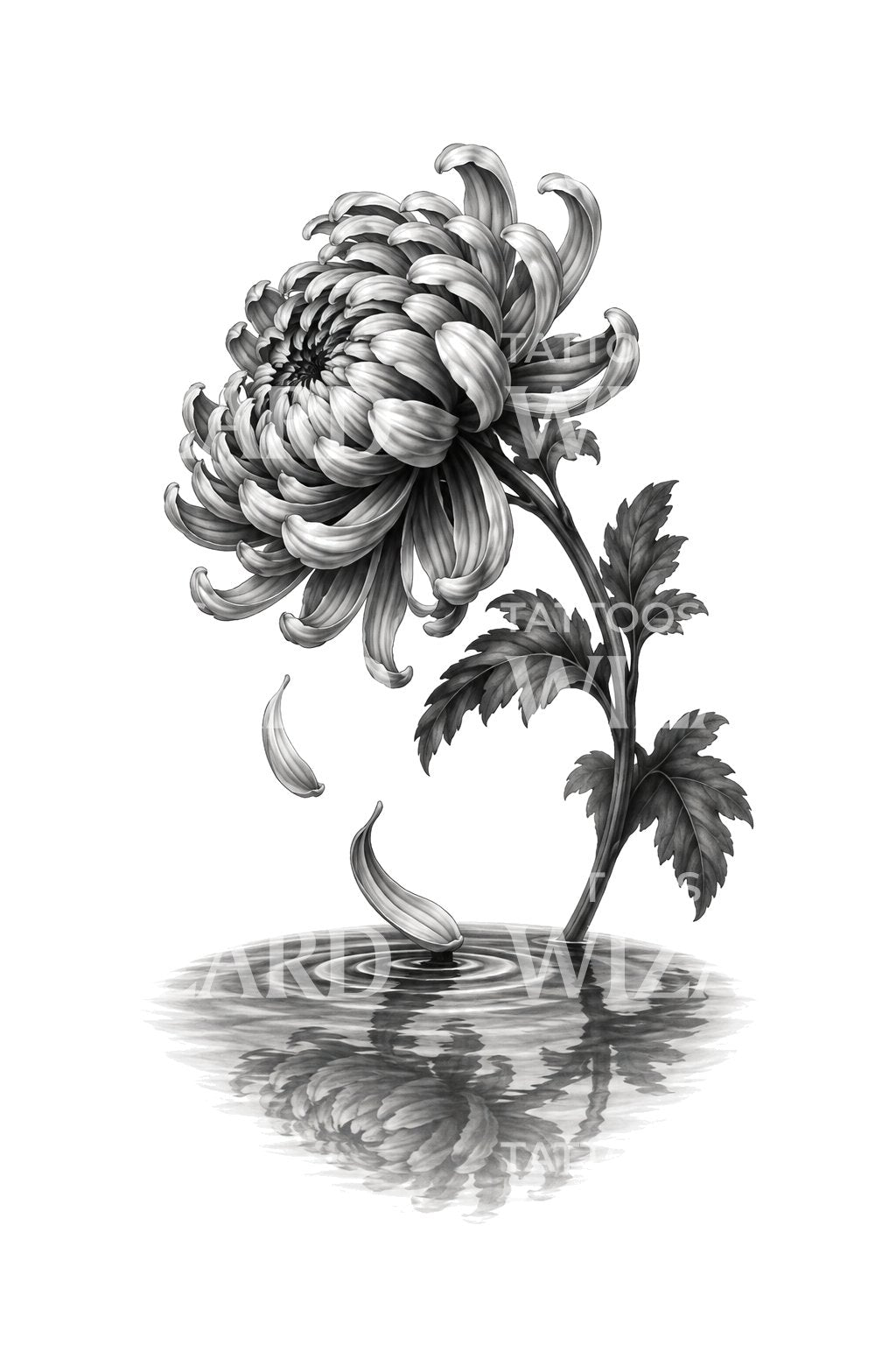 Illustrazione tattoo di petali di crisantemo che cadono nell’acqua