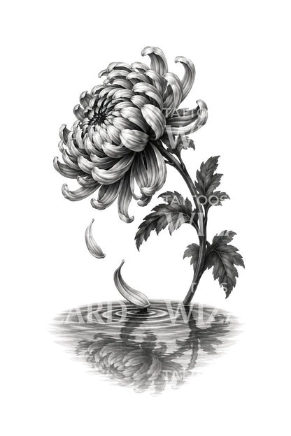 Illustrazione tattoo di petali di crisantemo che cadono nell’acqua