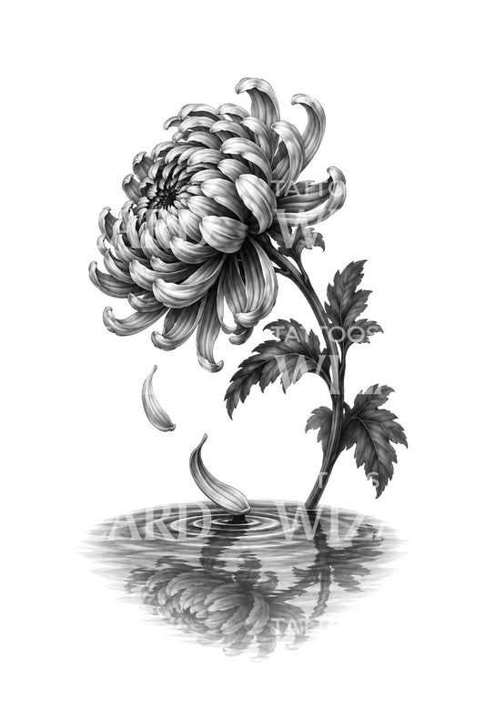 Tattooillustration med krysantemumblade, der falder i vand