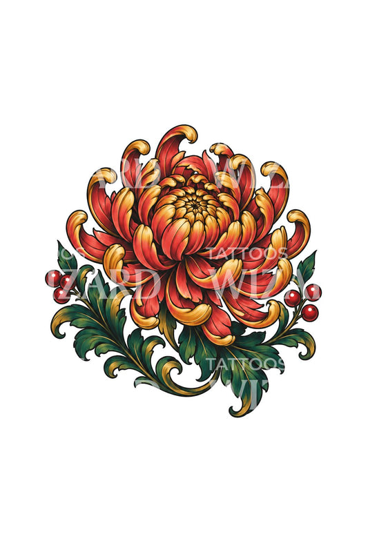Neo-traditionell tatuering med krysantemum och bär