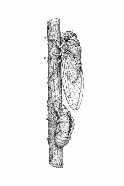 Cicada and Nymph Shell Tattoo Illustration