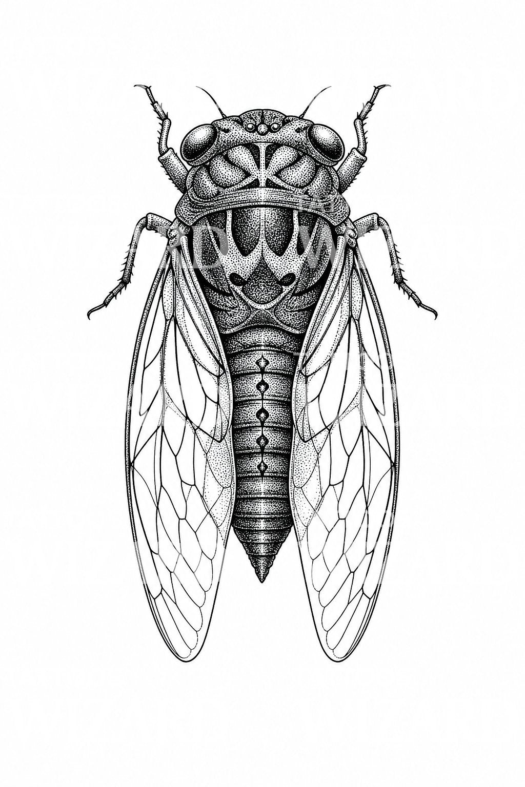 Ilustración de tatuaje de cigarra en dotwork