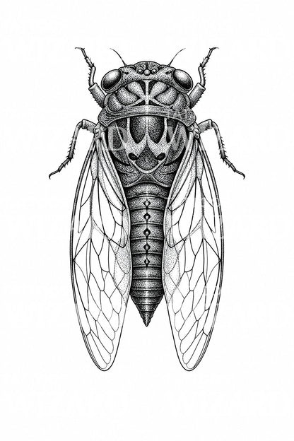 Ilustración de tatuaje de cigarra en dotwork