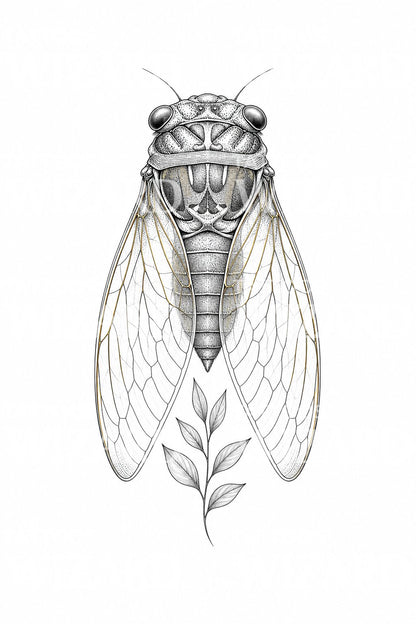 Cicada Fine Line Tattoo Design