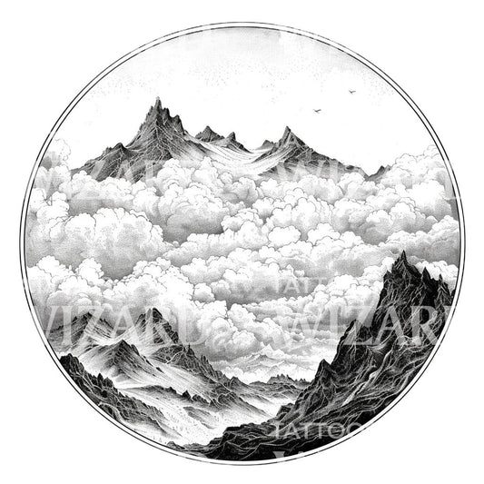 Conception de tatouage de paysage nuageux de montagne circulaire