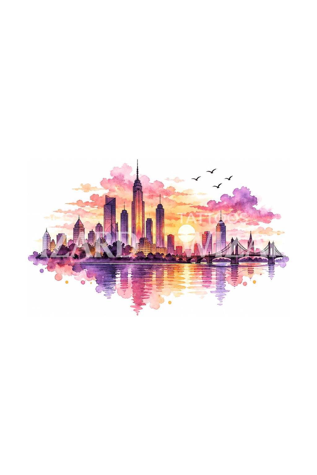 Aquarell-Tattoo-Design einer Skyline im Sonnenuntergang