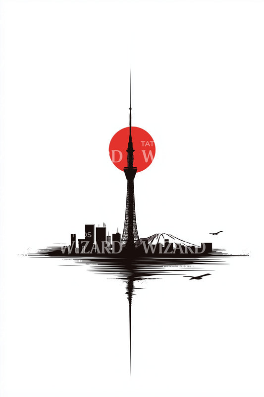 City Skyline Red Sun Tattoo Design