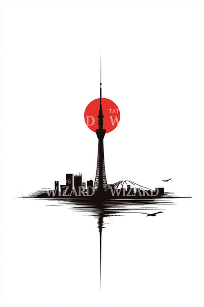 City Skyline Red Sun Tattoo Design
