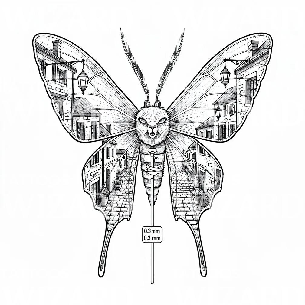 Diseño de Tatuaje Polilla Alada de Ciudad