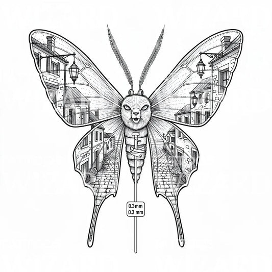 Diseño de Tatuaje Polilla Alada de Ciudad