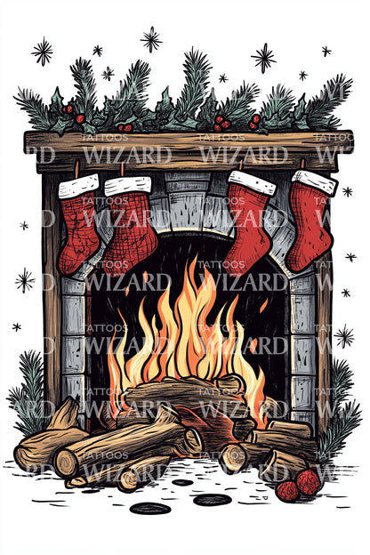 Classic Christmas Hearth Tattoo Design