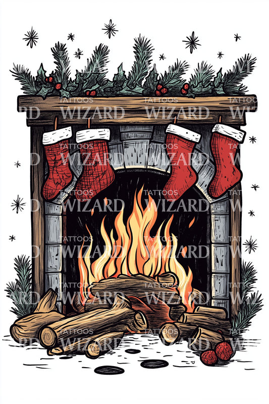Classic Christmas Hearth Tattoo Design