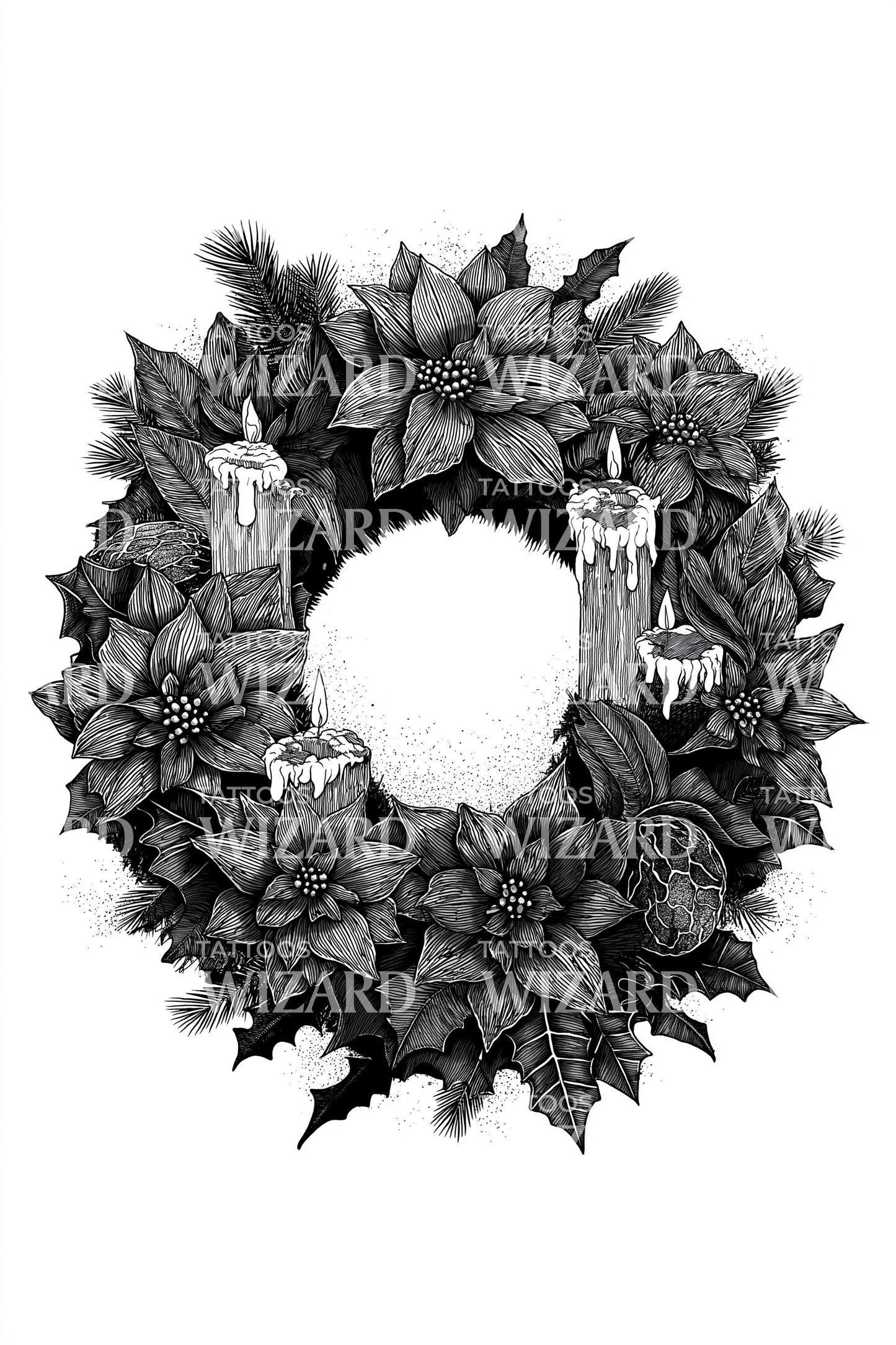 Classic Holly Christmas Wreath Tattoo Design