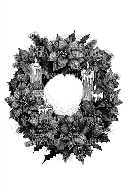 Classic Holly Christmas Wreath Tattoo Design