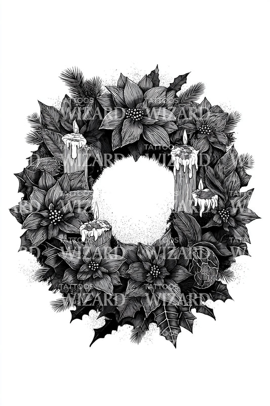 Classic Holly Christmas Wreath Tattoo Design