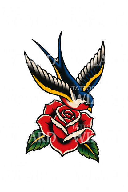Klassieke old-schooltattoo van zwaluw en roos