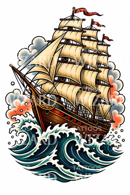 海浪上的飞剪船纹身设计