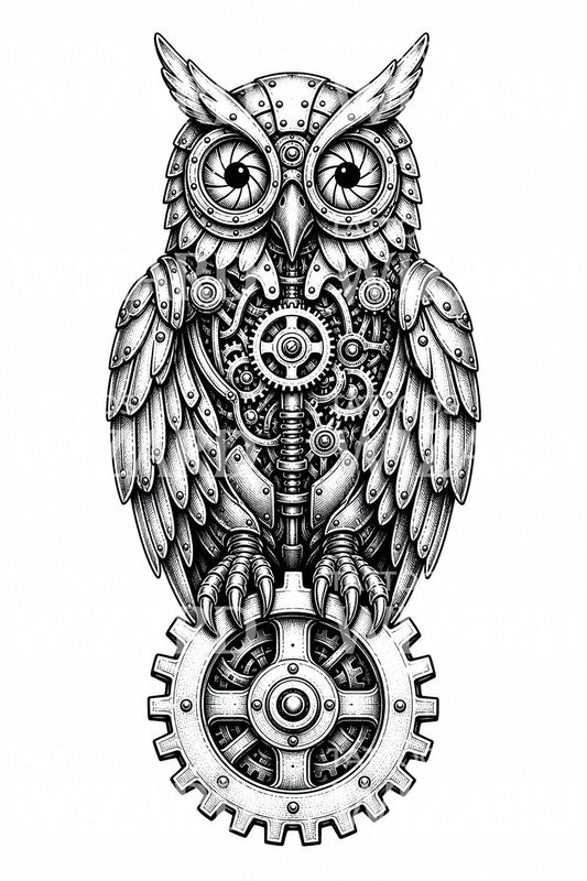 Motif de tatouage de hibou mécanique d'horlogerie