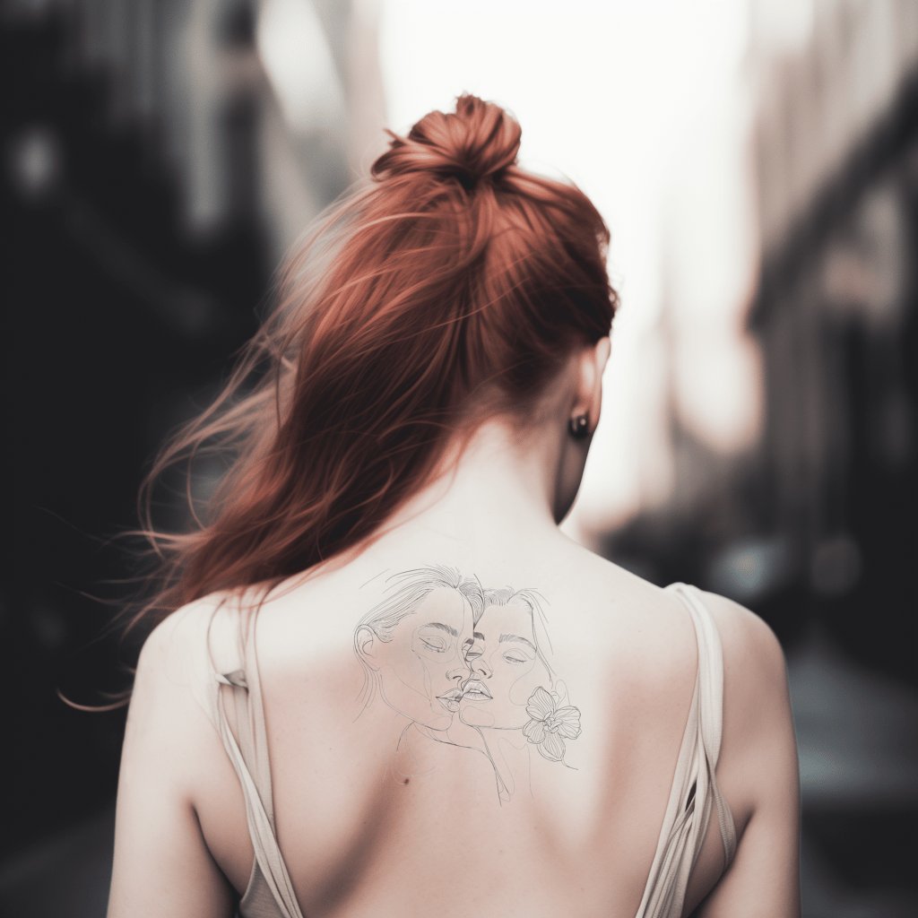 Two Women Close Outline Tattoo Design