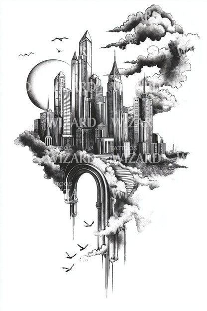 Cloud Arch Fantasy City Tattoo Illustration