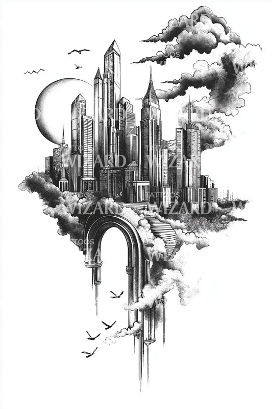 Cloud Arch Fantasy City Tattoo Illustration