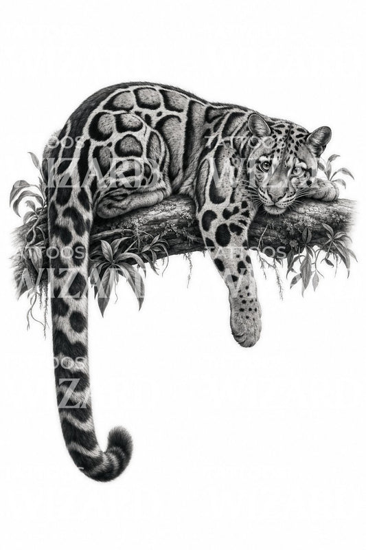 Design tattoo leopardo nebuloso su ramo