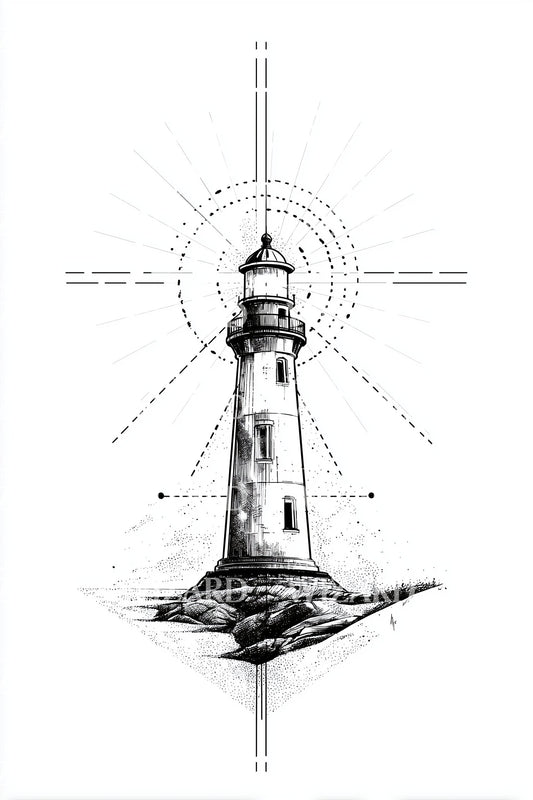 Coastal Lighthouse Linework Tattoo Design