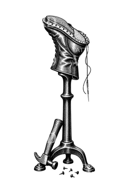 Tatueringsillustration av skomakarläst med stövel och hammare