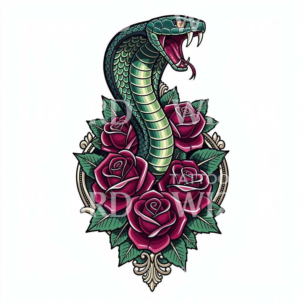 Cobra and Roses Tattoo Design