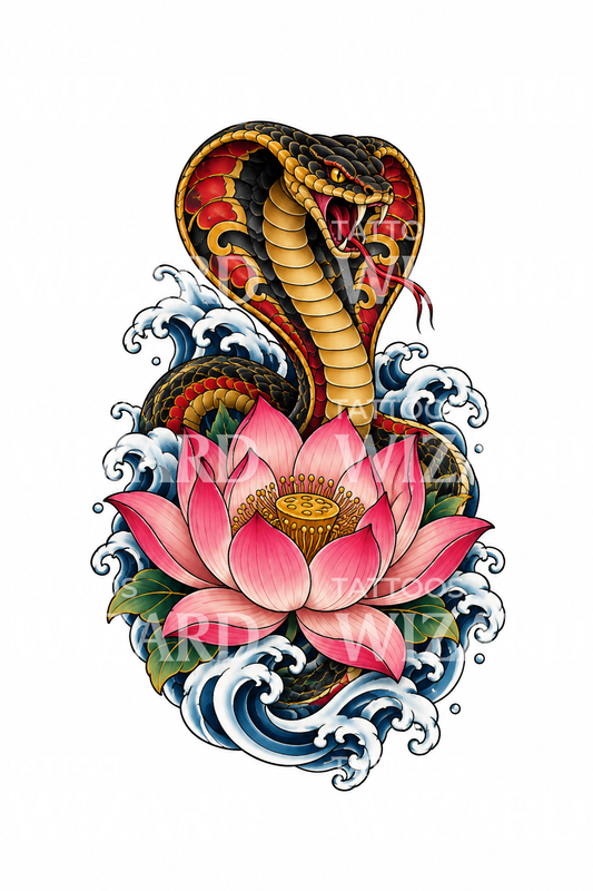Cobra Rising behind a Lotus Japanese Tattoo Idea