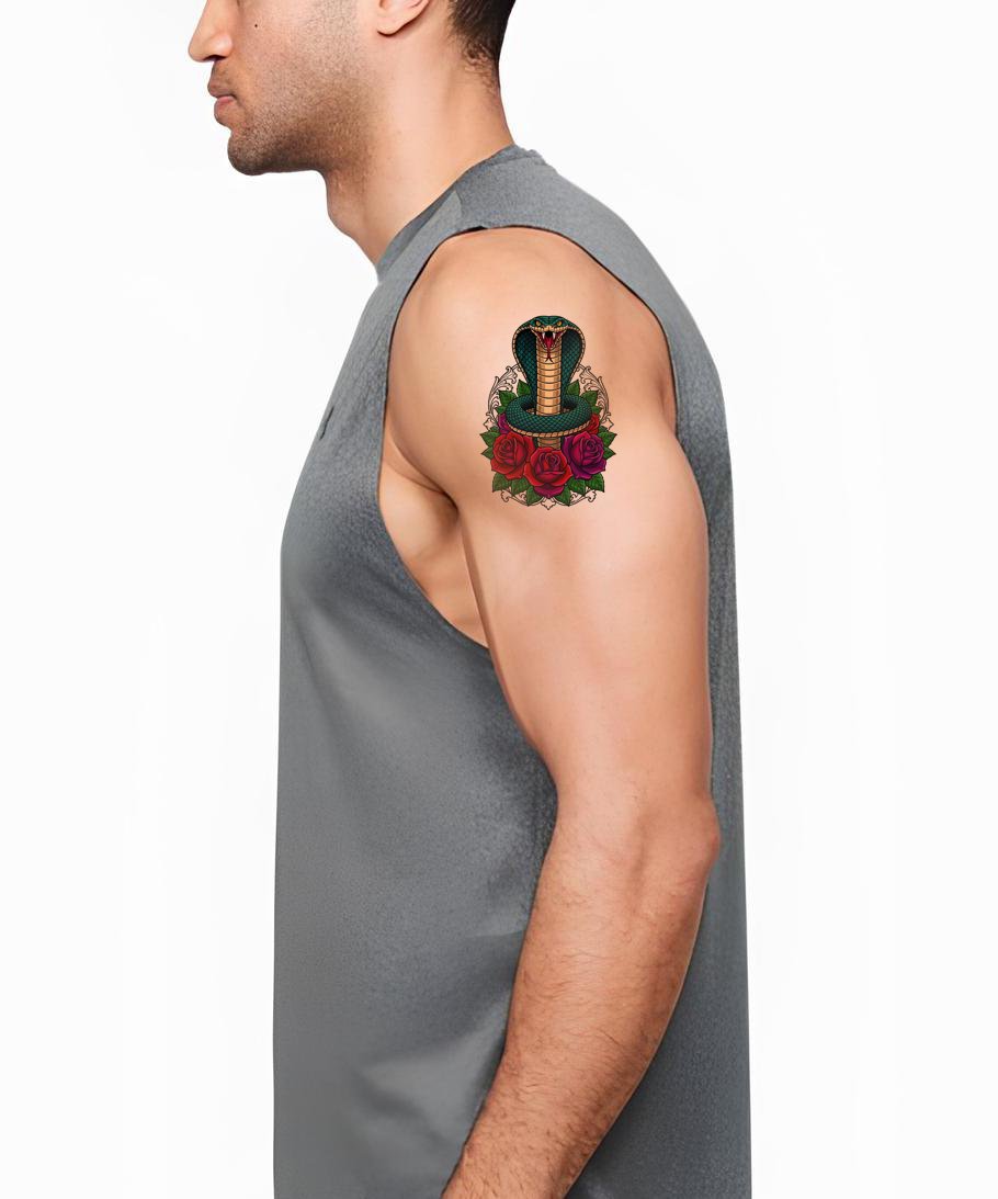 Striking Cobra Among Roses Tattoo Illustration
