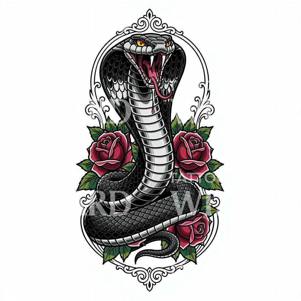 Cobra with Roses Tattoo Design