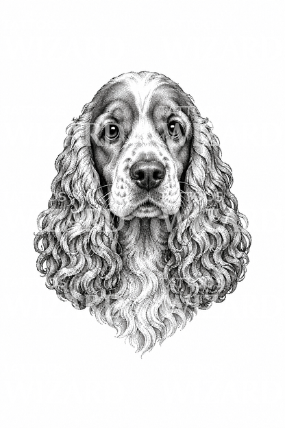Tatuaje dotwork de cocker spaniel con orejas rizadas
