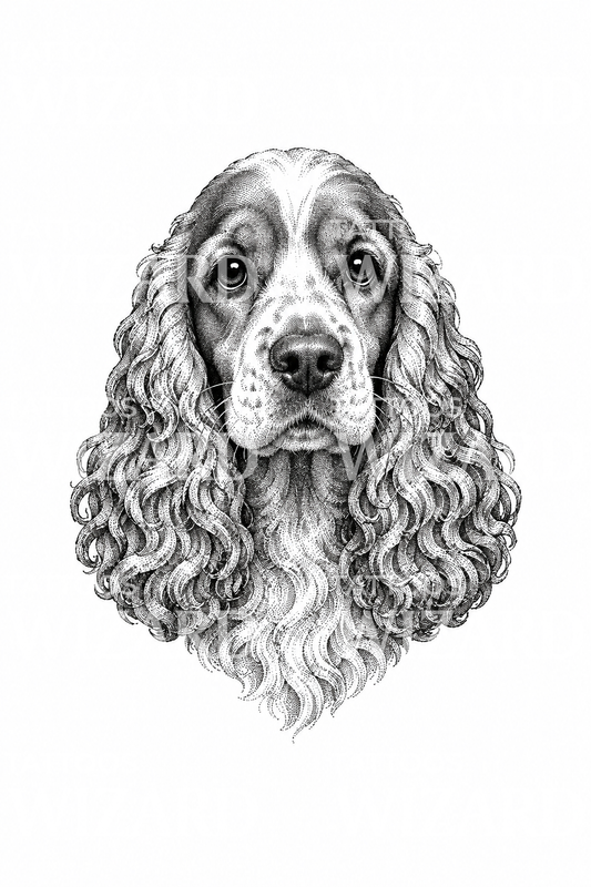 Tatuaje dotwork de cocker spaniel con orejas rizadas