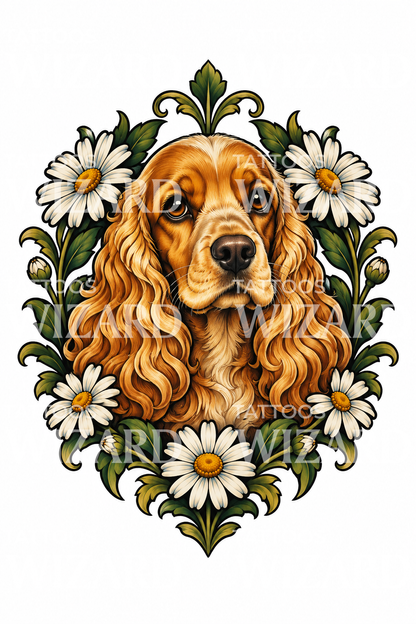 Cocker Spaniel with Daisy Wreath Tattoo Design