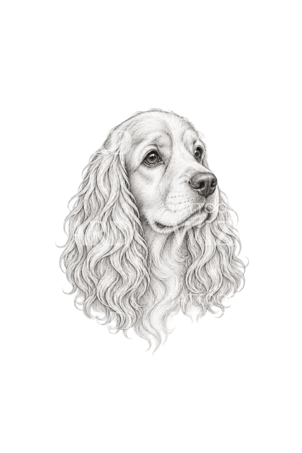 Tattoo-design av cocker spaniel med lange, bølgete ører