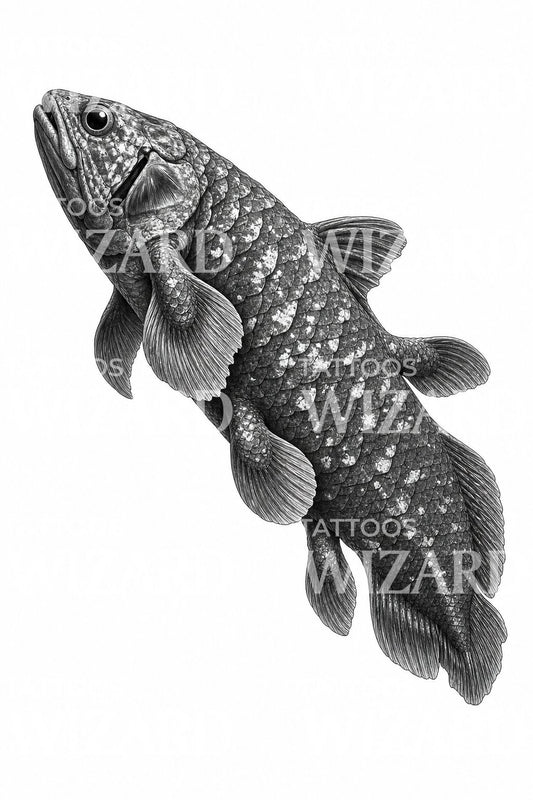 Tatoveringsdesign med kvastfinnefisk, et levende fossil