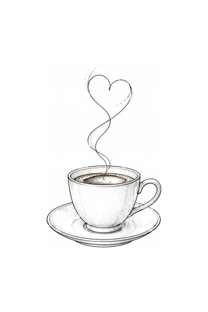 Kaffekop med hjerteformet damp, fine line-tatovering